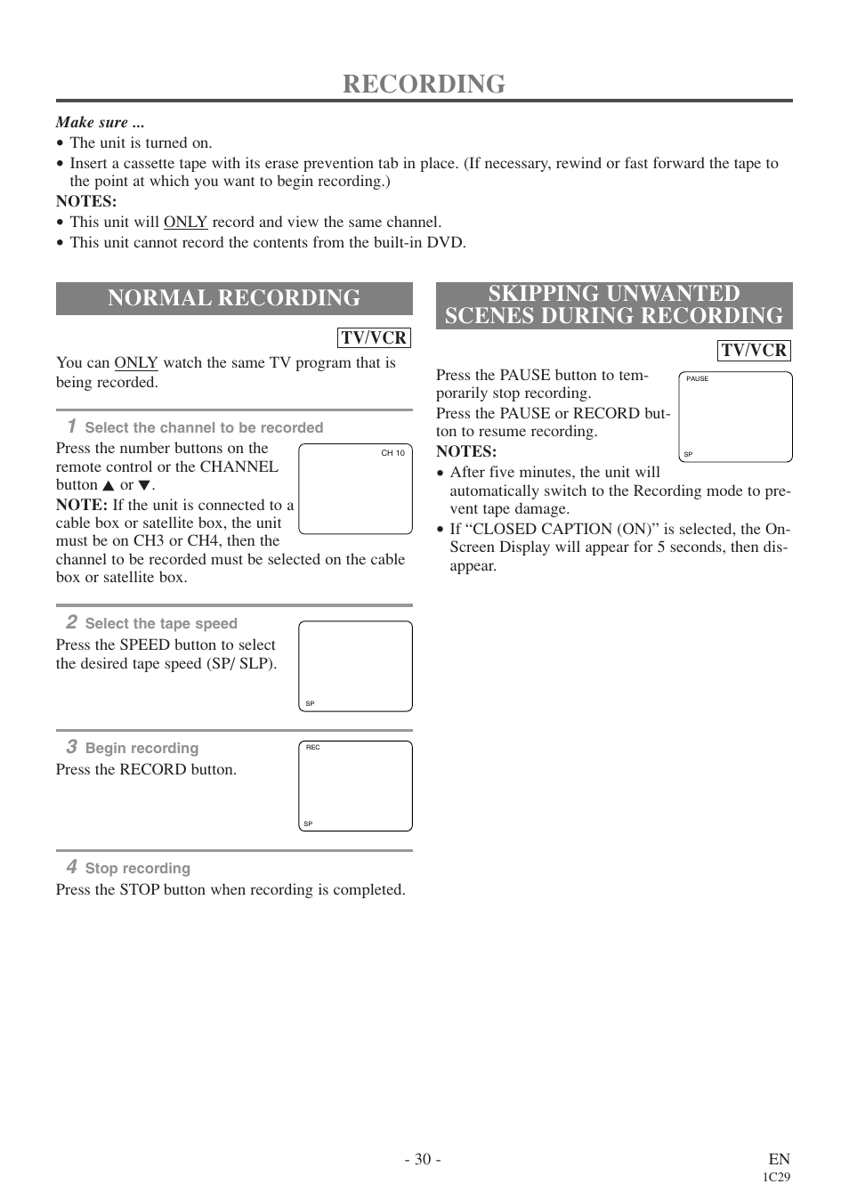 Recording, Normal recording, Skipping unwanted scenes during recording | Sylvania 6719DE User Manual | Page 30 / 56