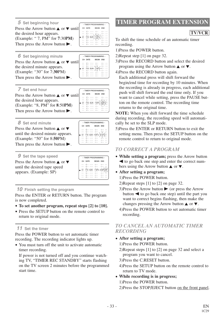 Timer program extension, Tv/vcr, 33 - en | Set beginning hour, Set beginning minute, Set end hour, Set end minute, Set the tape speed, Finish setting the program, Set the timer | Sylvania 6719DE User Manual | Page 33 / 56