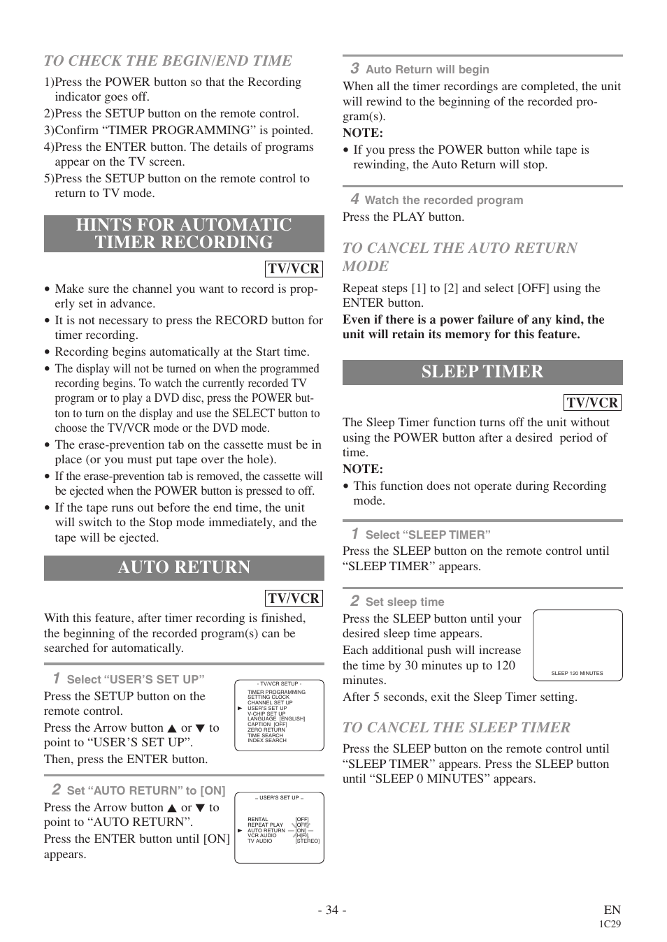 Hints for automatic timer recording, Auto return, Sleep timer | Sylvania 6719DE User Manual | Page 34 / 56