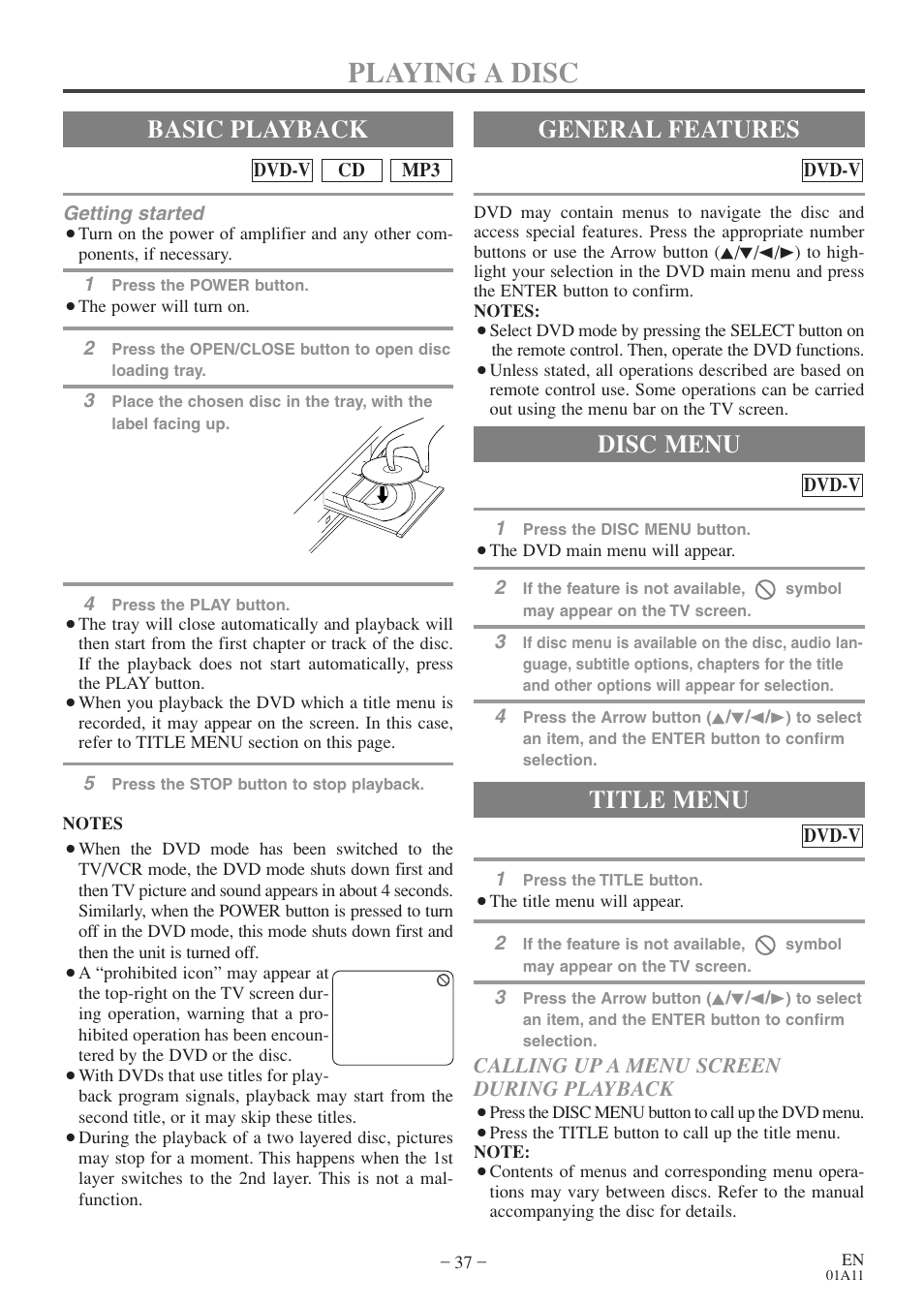 Playing a disc, Basic playback, General features | Title menu, Disc menu, Calling up a menu screen during playback | Sylvania 6719DE User Manual | Page 37 / 56