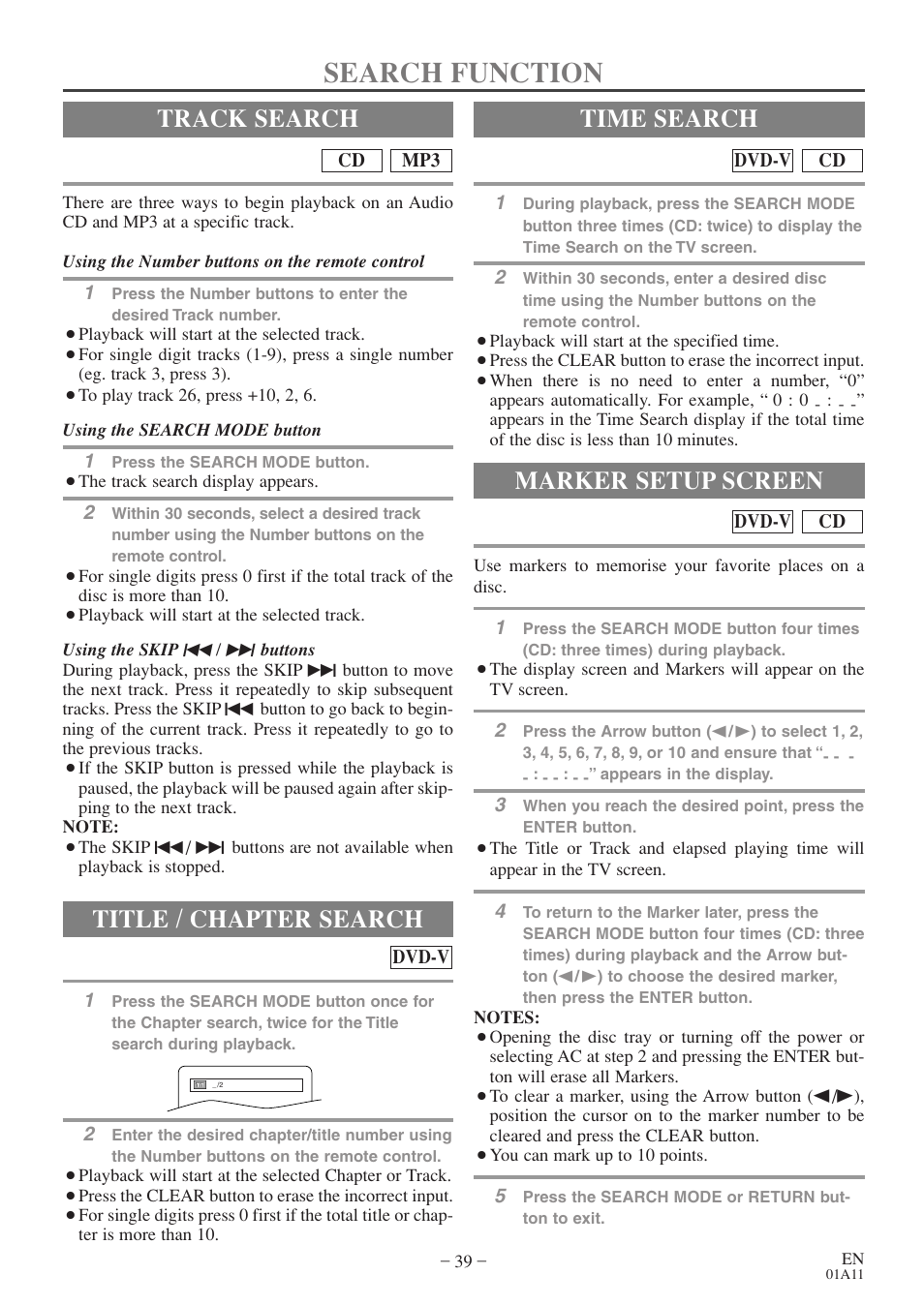 Search function, Track search, Title / chapter search | Time search, Marker setup screen | Sylvania 6719DE User Manual | Page 39 / 56