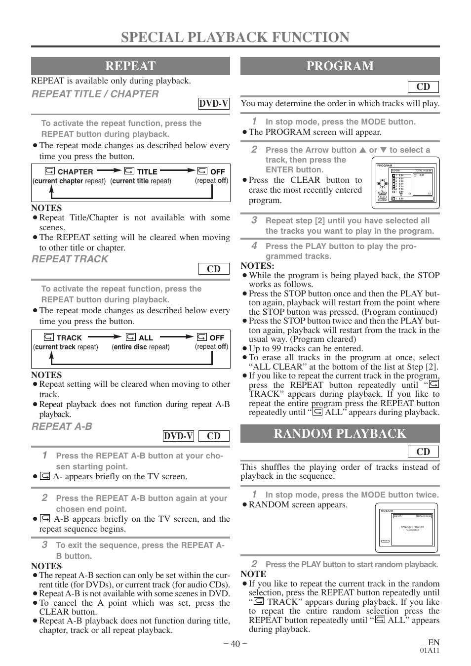 Special playback function, Repeat, Program | Random playback | Sylvania 6719DE User Manual | Page 40 / 56