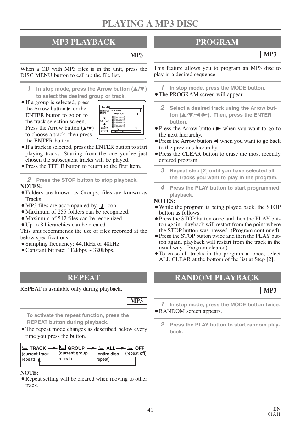 Playing a mp3 disc, Mp3 playback, Random playback | Program repeat | Sylvania 6719DE User Manual | Page 41 / 56