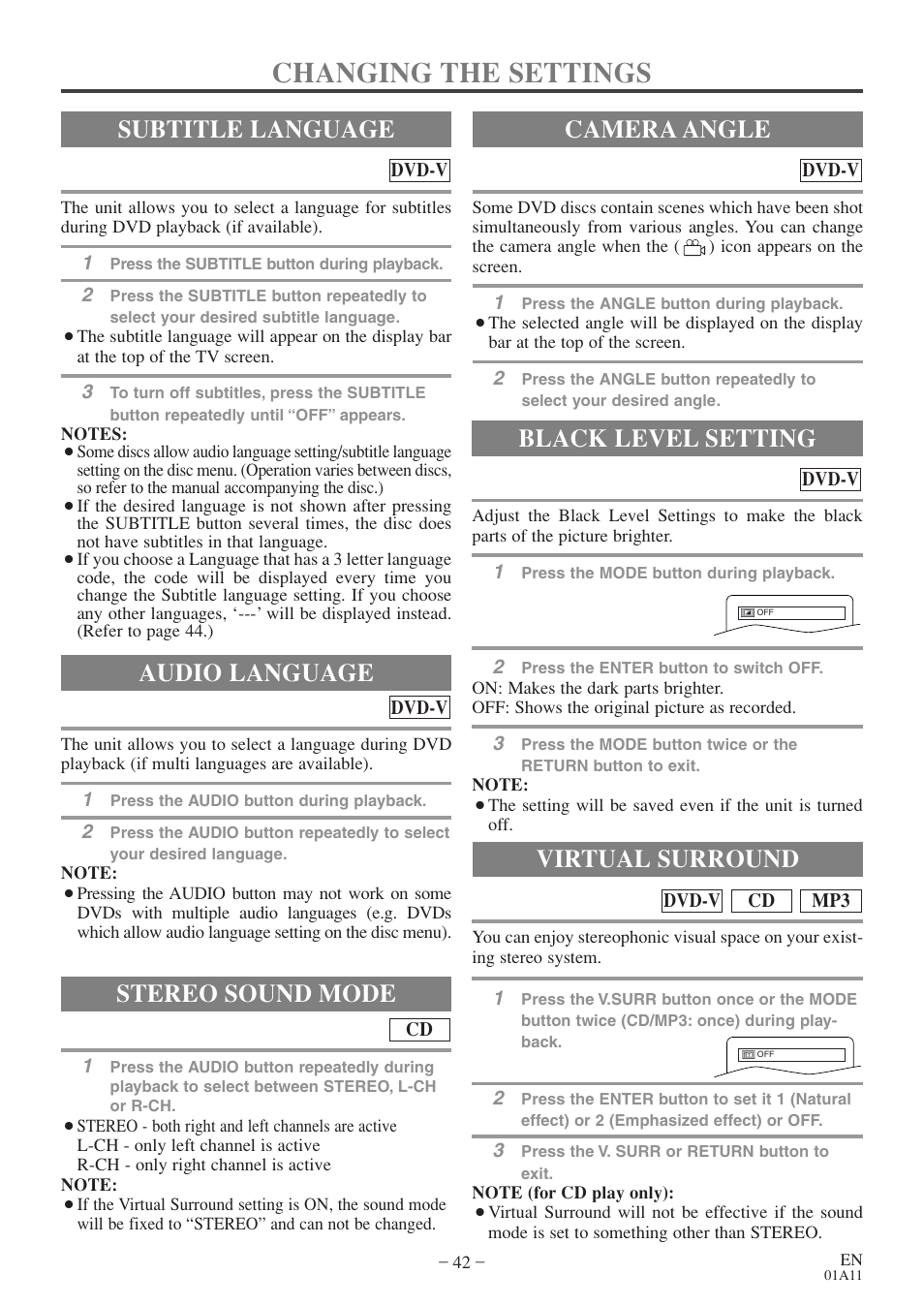 Changing the settings, Audio language, Stereo sound mode | Subtitle language camera angle, Black level setting, Virtual surround | Sylvania 6719DE User Manual | Page 42 / 56