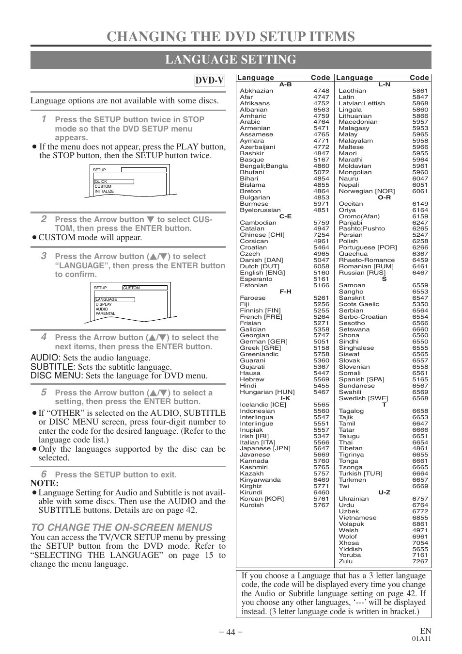 Changing the dvd setup items, Language setting, Dvd-v | Language options are not available with some discs, Custom mode will appear, Press the arrow button, Press the setup button to exit | Sylvania 6719DE User Manual | Page 44 / 56