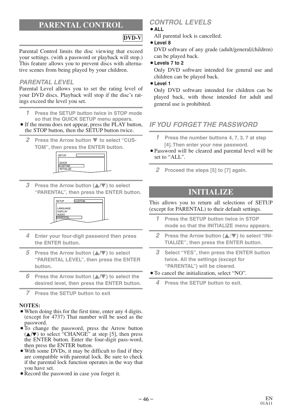 Parental control, Initialize, Control levels | If you forget the password | Sylvania 6719DE User Manual | Page 46 / 56