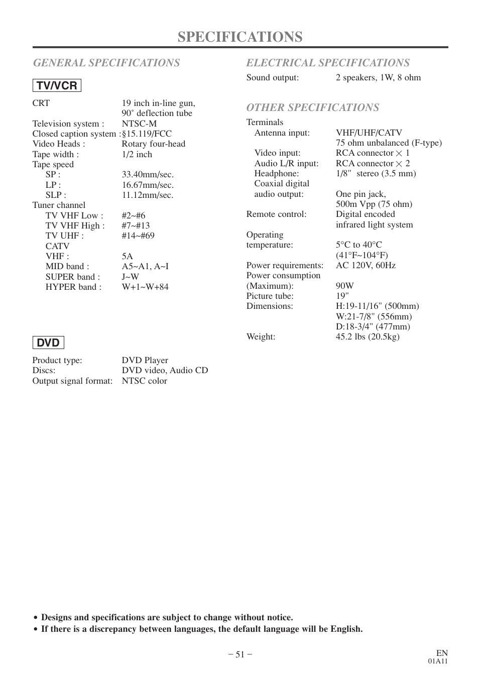 Specifications, Other specifications | Sylvania 6719DE User Manual | Page 51 / 56