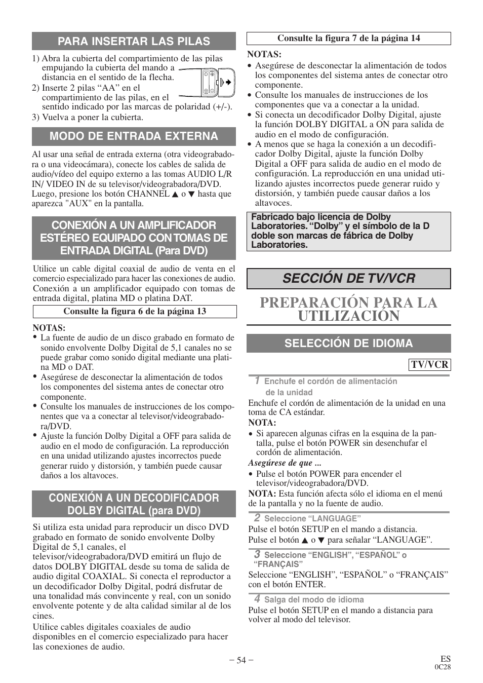 Preparación para la utilización, Sección de tv/vcr | Sylvania 6719DE User Manual | Page 54 / 56