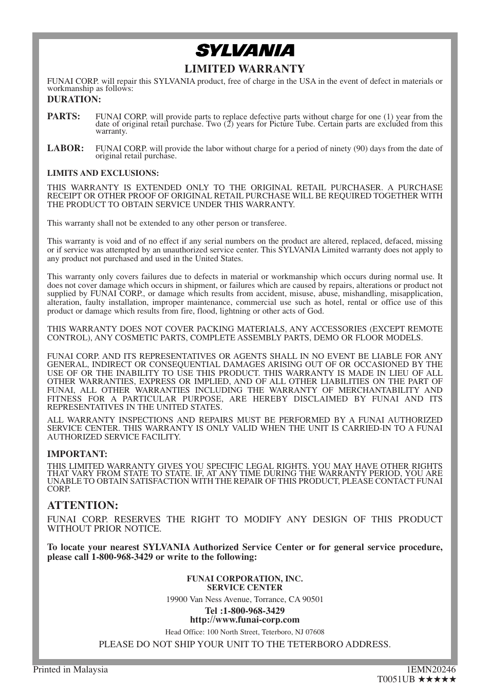 Limited warranty, Attention | Sylvania 6719DE User Manual | Page 56 / 56