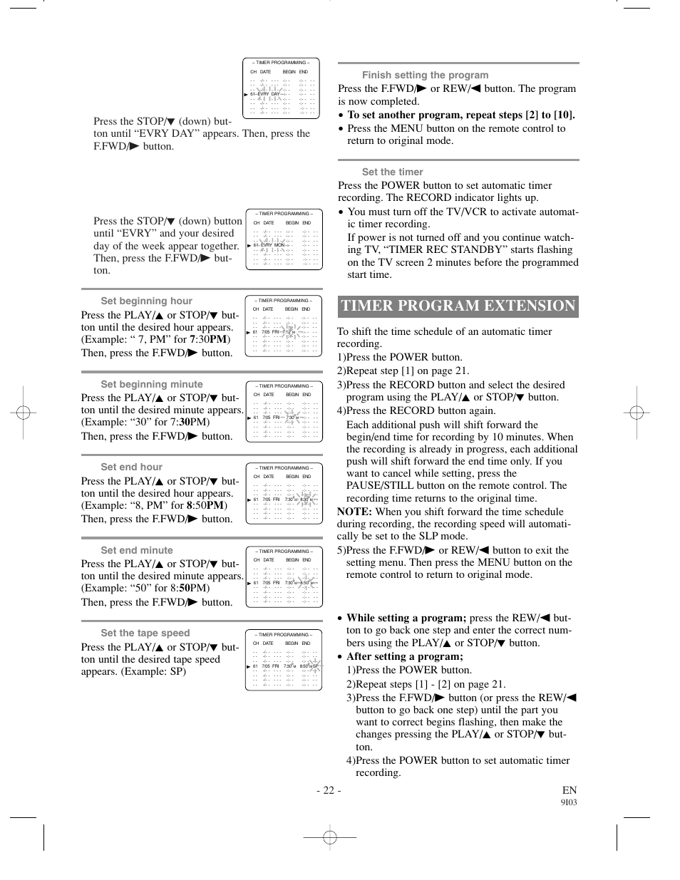 Timer program extension, 22 - en, Set beginning hour | Set beginning minute, Set end hour, Set end minute, Set the tape speed, Finish setting the program, Set the timer, 9i03 | Sylvania 63194C  ES User Manual | Page 22 / 32