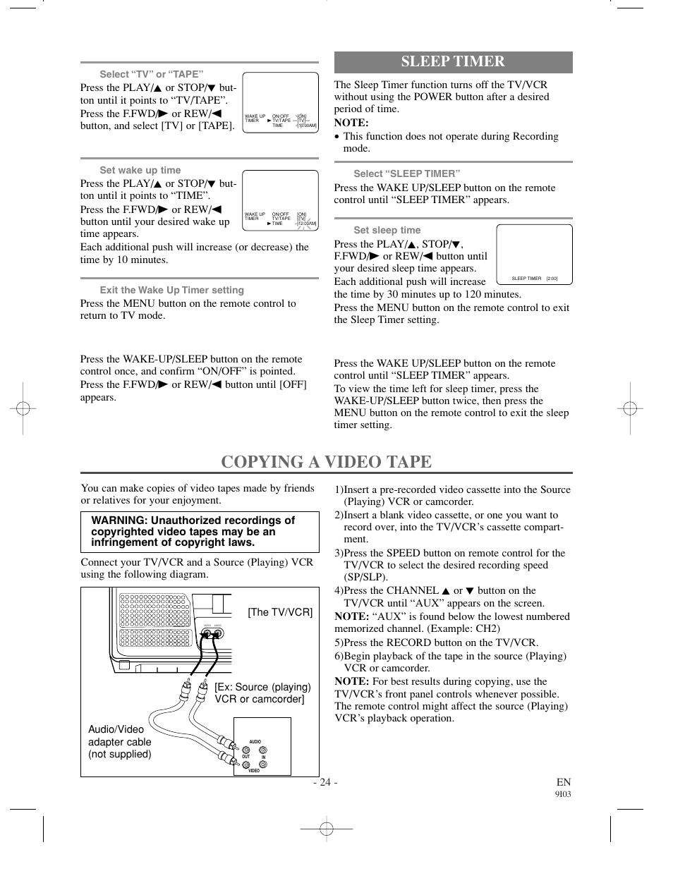 Copying a video tape, Sleep timer | Sylvania 63194C  ES User Manual | Page 24 / 32