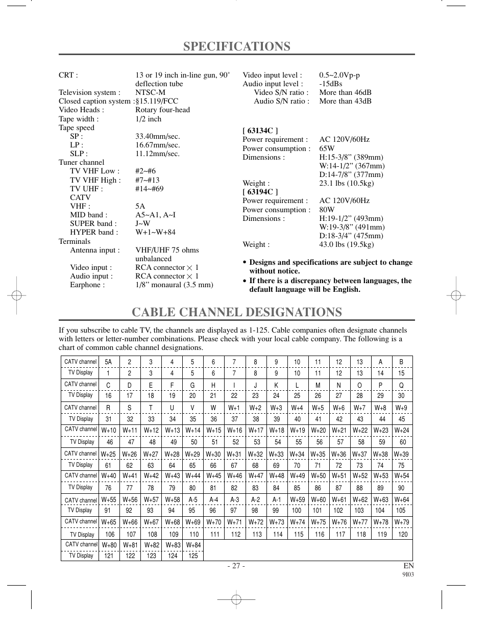 Specifications, Cable channel designations, General specifications | Electrical specifications, Other specifications | Sylvania 63194C  ES User Manual | Page 27 / 32