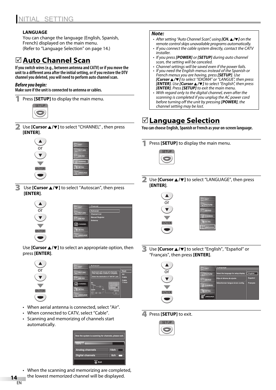 Nitial setting, Auto channel scan, Language selection | Sylvania LC225SC9 User Manual | Page 14 / 76