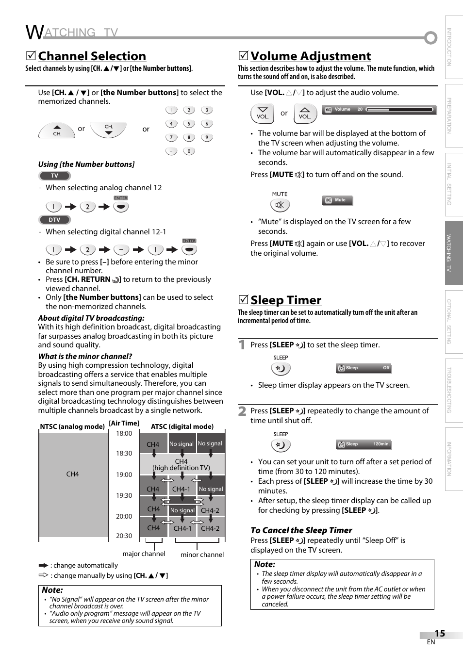 Atching tv, Channel selection, Volume adjustment | Sleep timer | Sylvania LC225SC9 User Manual | Page 15 / 76