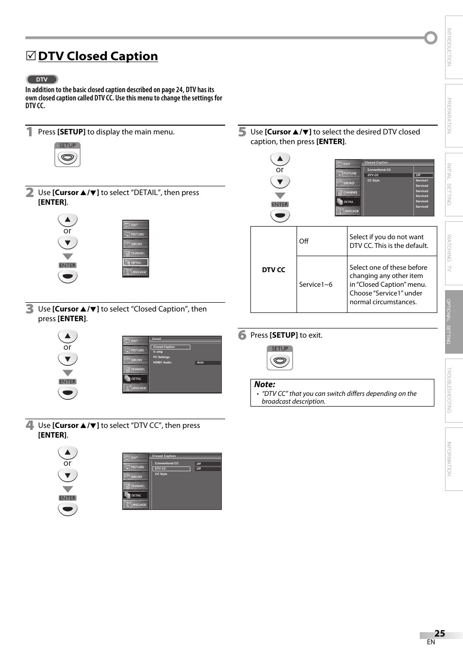 Dtv closed caption | Sylvania LC225SC9 User Manual | Page 25 / 76