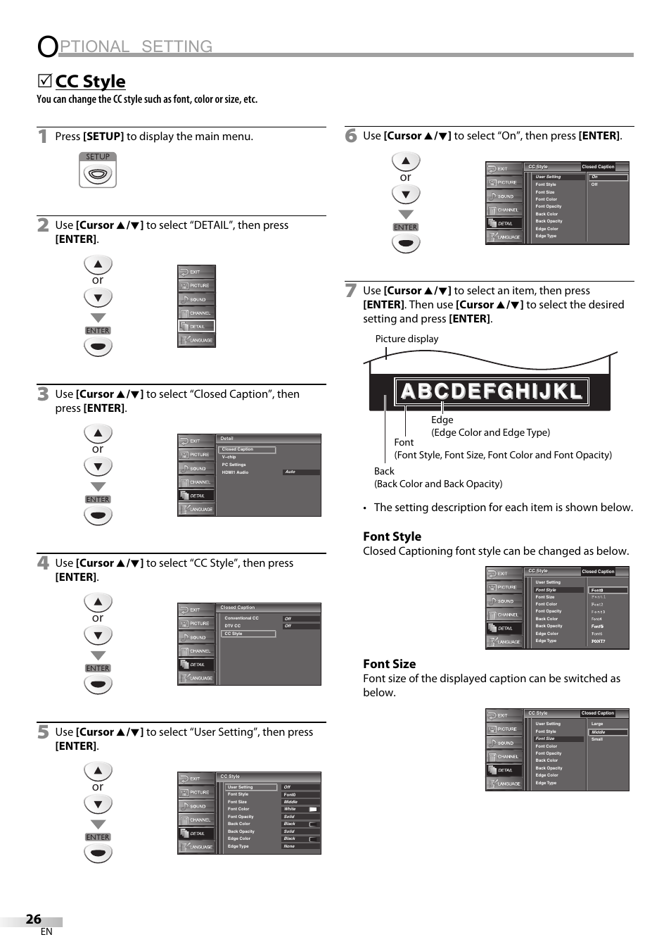 Ptional setting, Cc style, Font style | Font size, Press [setup] to display the main menu | Sylvania LC225SC9 User Manual | Page 26 / 76