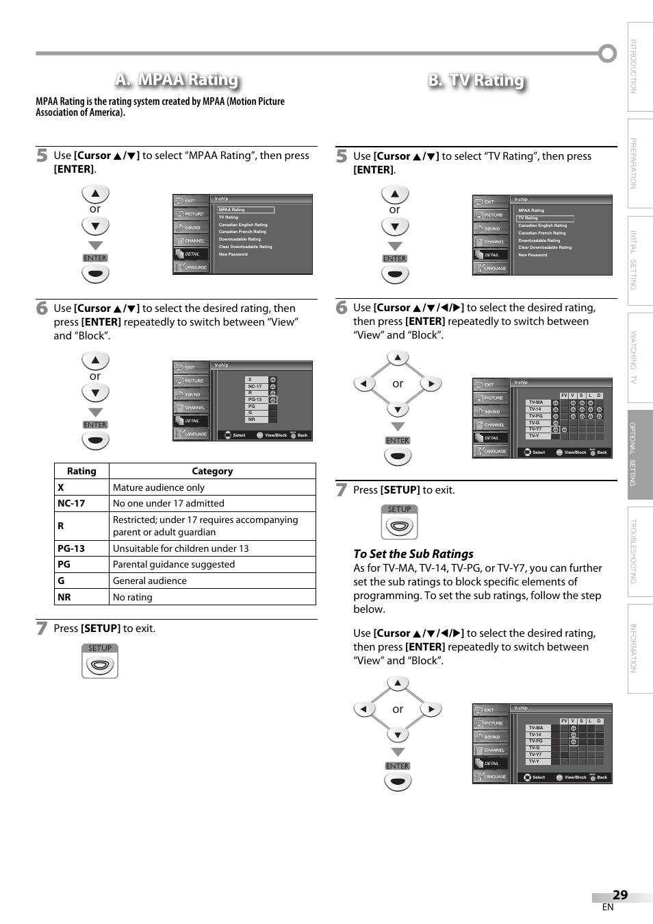 A. mpaa rating, B. tv rating, Troubleshooting information | Press [setup] to exit, Optional setting | Sylvania LC225SC9 User Manual | Page 29 / 76