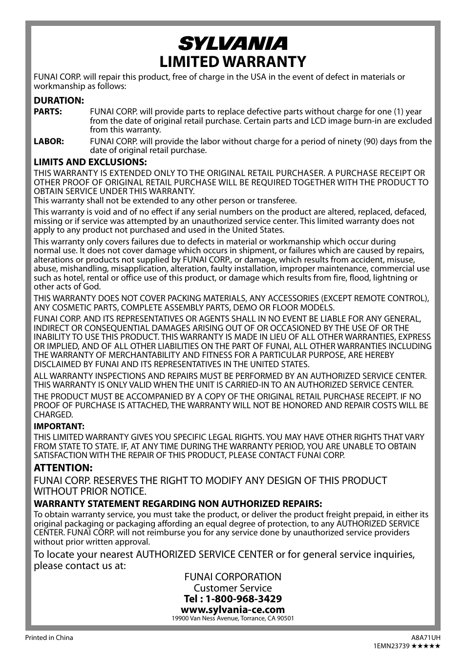 Limited warranty | Sylvania LC225SC9 User Manual | Page 38 / 76