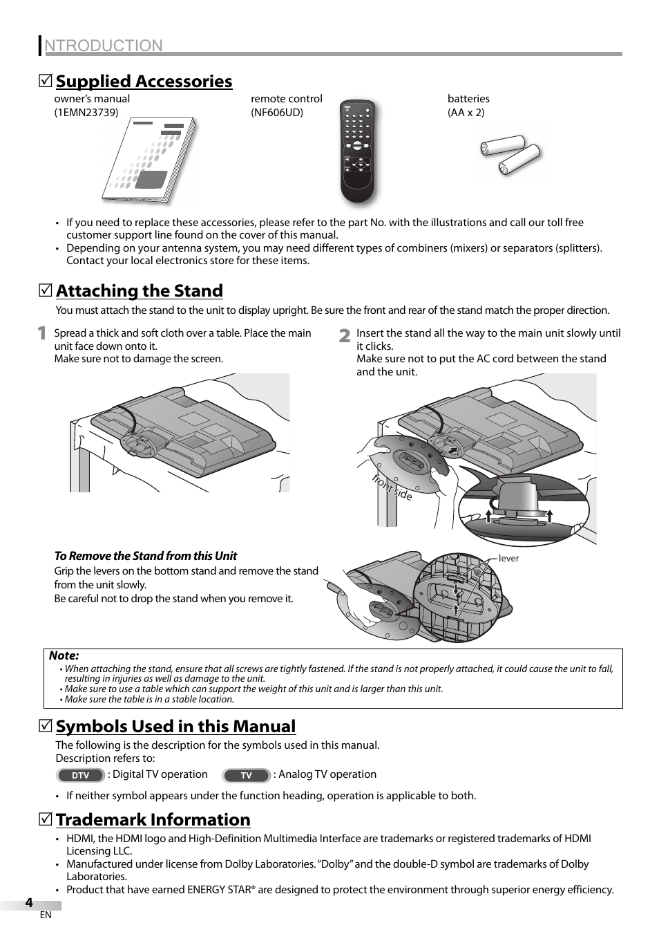 Ntroduction, Supplied accessories 5 symbols used in this manual, Attaching the stand | Trademark information | Sylvania LC225SC9 User Manual | Page 4 / 76