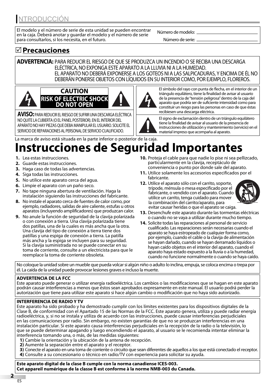 Instrucciones de seguridad importantes, Ntroducción, Precauciones 5 | Aviso, Caution risk of electric shock do not open | Sylvania LC225SC9 User Manual | Page 40 / 76