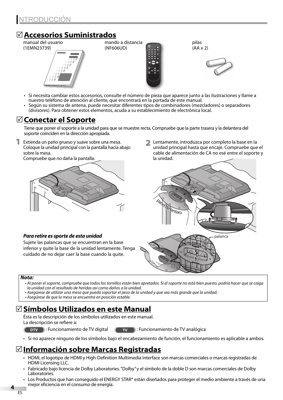 Ntroducción, Información sobre marcas registradas, Conectar el soporte | Sylvania LC225SC9 User Manual | Page 42 / 76