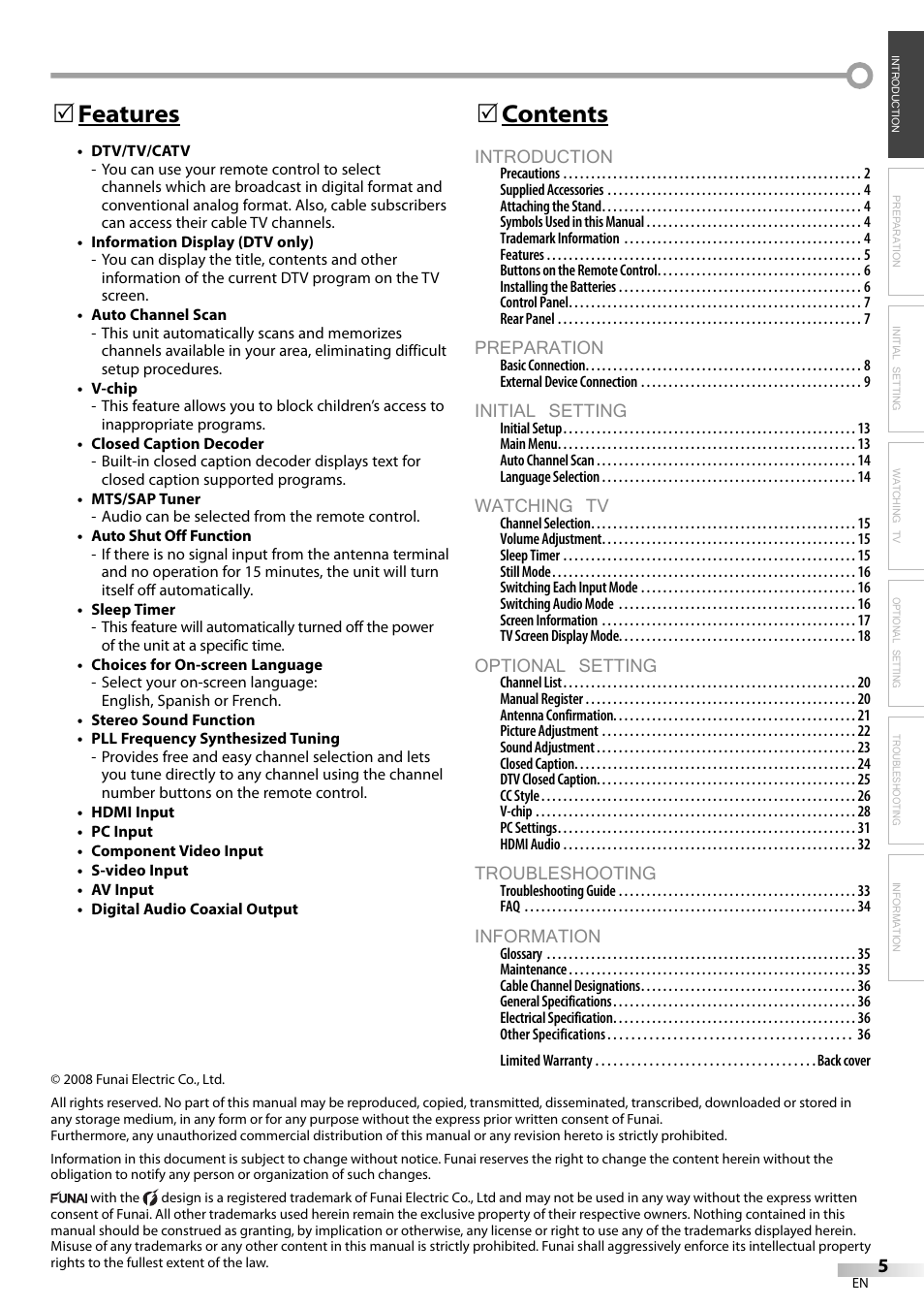 Introduction, Preparation, Initial setting | Watching tv, Optional setting, Troubleshooting, Information, Contents 5, Features 5 | Sylvania LC225SC9 User Manual | Page 5 / 76