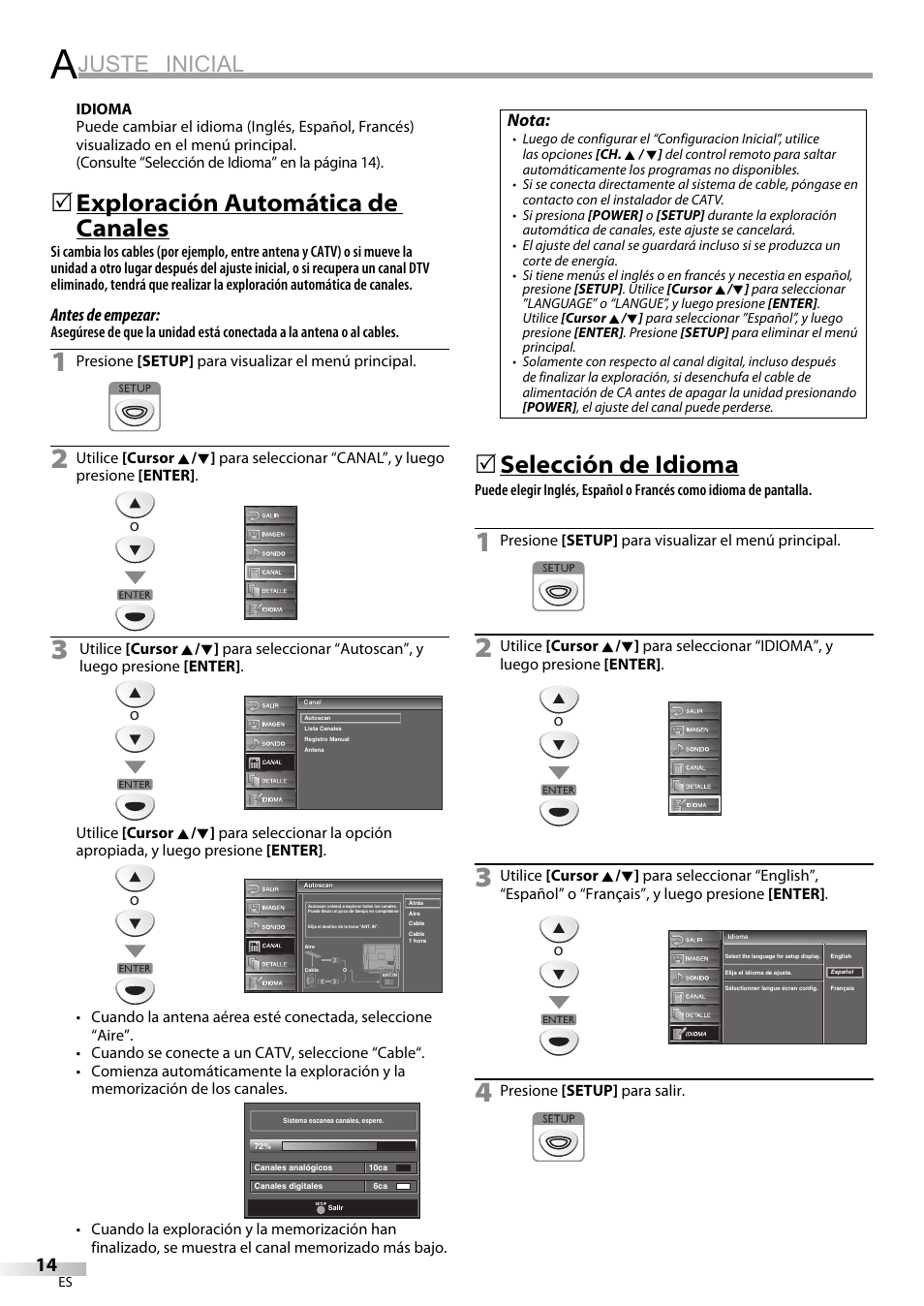 Juste inicial, Exploración automática de canales, Selección de idioma | Sylvania LC225SC9 User Manual | Page 52 / 76
