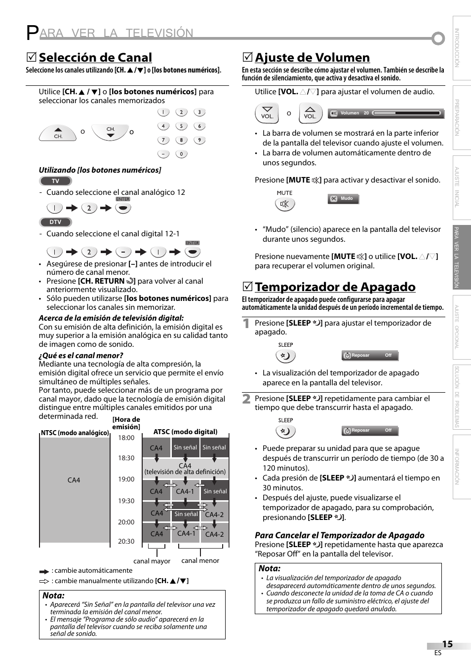 Ara ver la televisión, Selección de canal, Ajuste de volumen | Temporizador de apagado | Sylvania LC225SC9 User Manual | Page 53 / 76