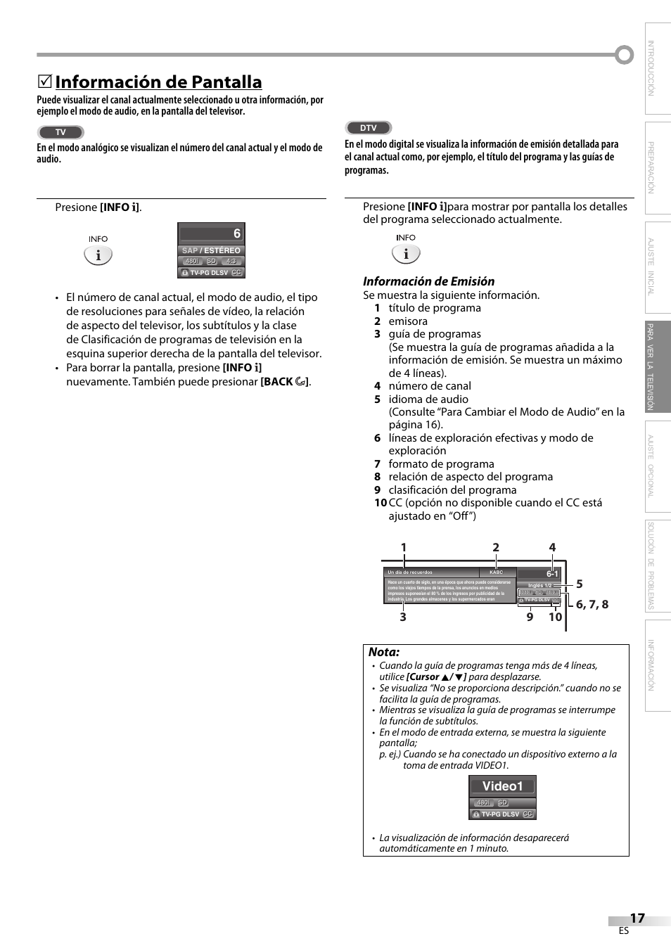 Información de pantalla, Información de emisión, Nota | Video1, Solución de problemas información | Sylvania LC225SC9 User Manual | Page 55 / 76