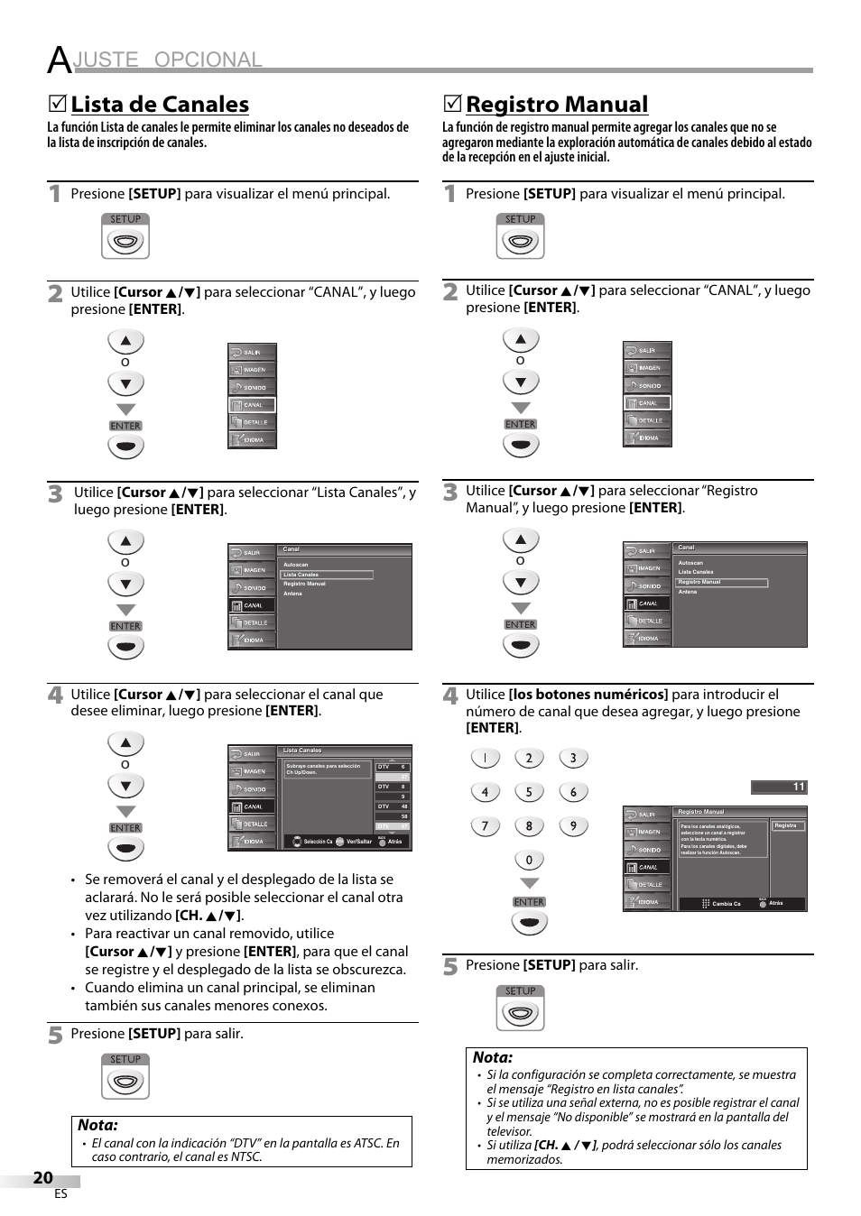 Juste opcional, Lista de canales, Registro manual | Nota | Sylvania LC225SC9 User Manual | Page 58 / 76