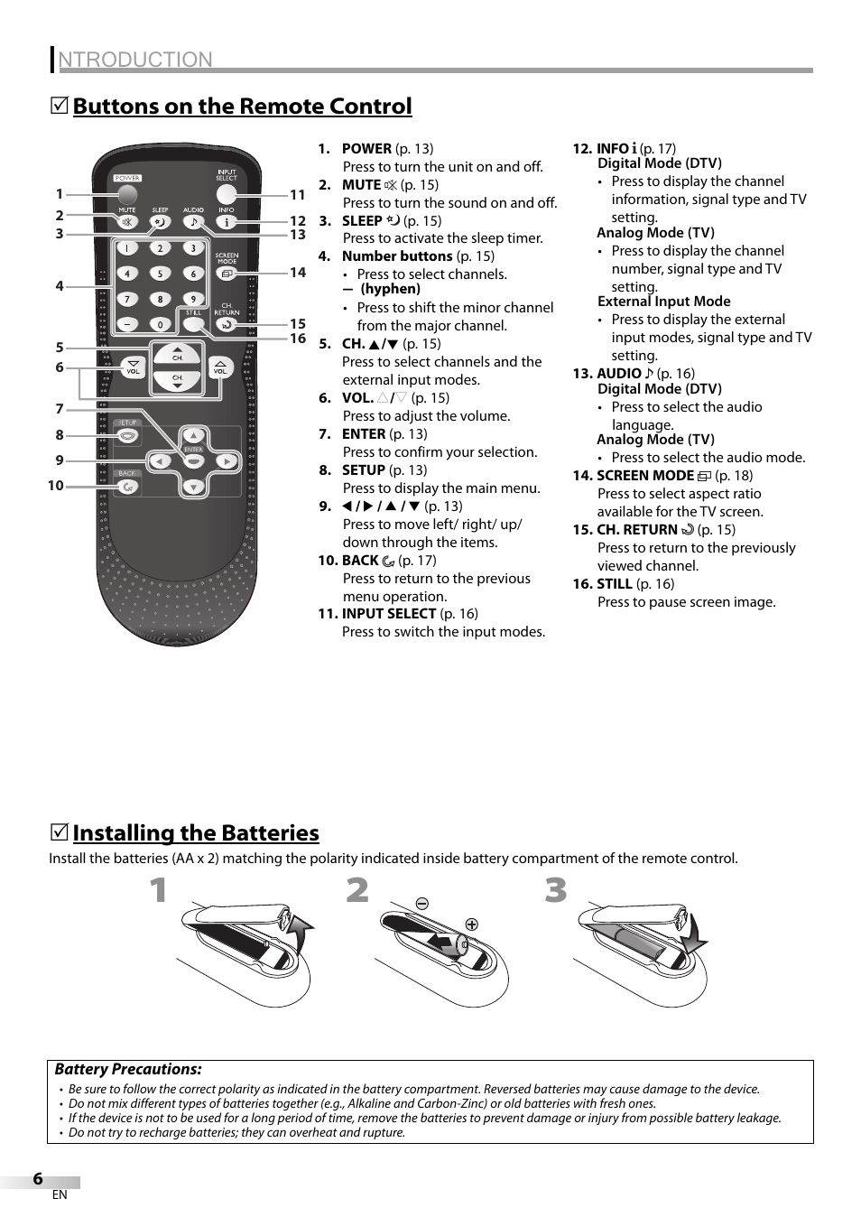 Ntroduction, Buttons on the remote control 5, Installing the batteries | Sylvania LC225SC9 User Manual | Page 6 / 76