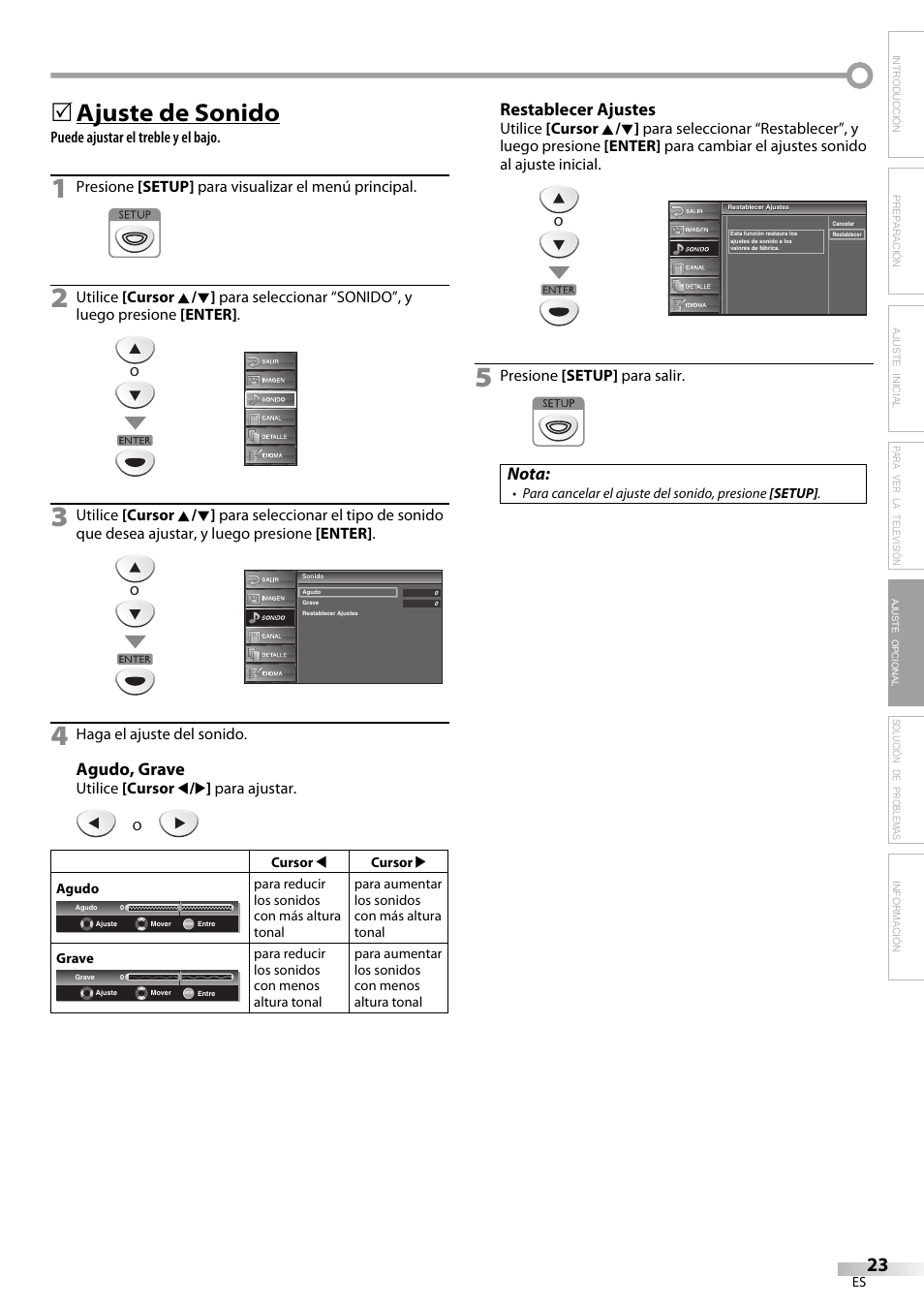 Ajuste de sonido, Agudo, grave, Restablecer ajustes | Nota | Sylvania LC225SC9 User Manual | Page 61 / 76