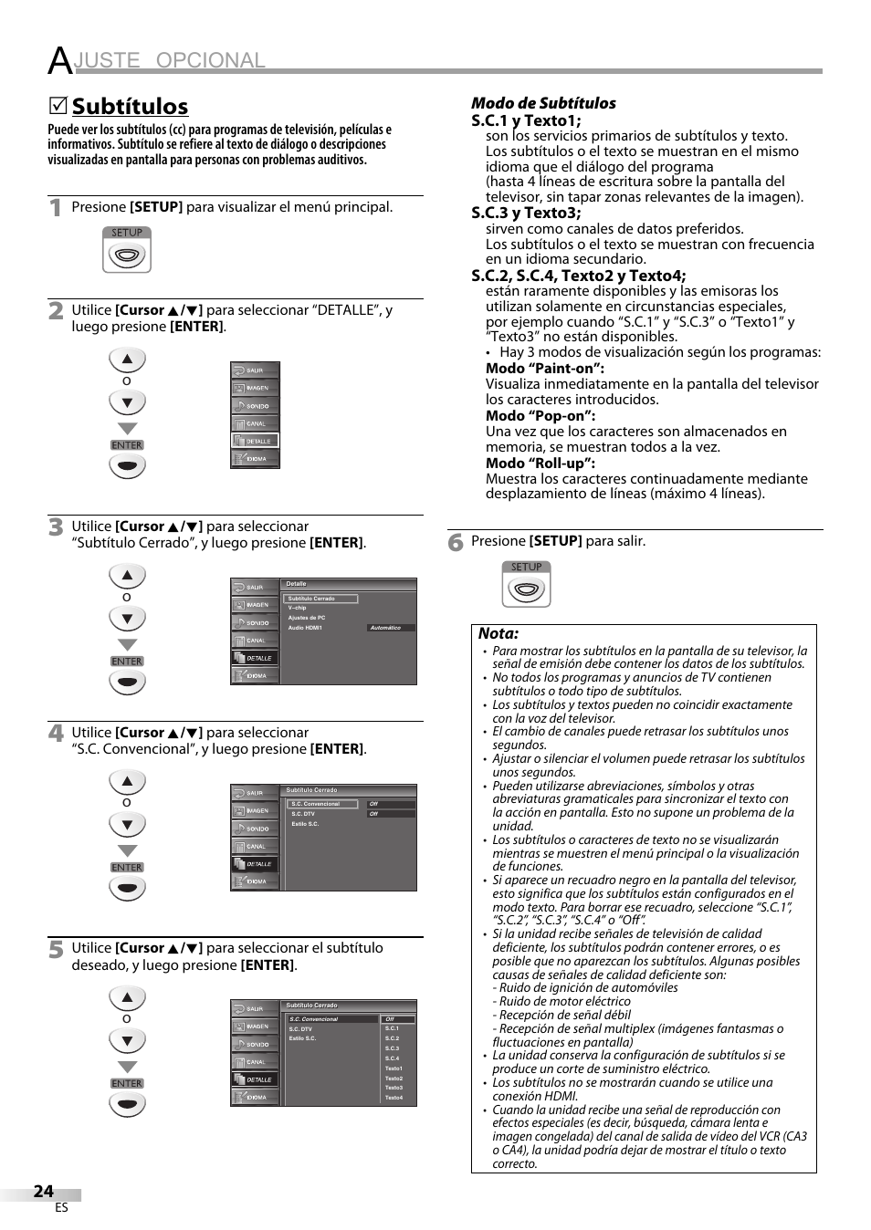 Juste opcional, Subtítulos, Modo de subtítulos s.c.1 y texto1 | S.c.3 y texto3, S.c.2, s.c.4, texto2 y texto4, Nota | Sylvania LC225SC9 User Manual | Page 62 / 76