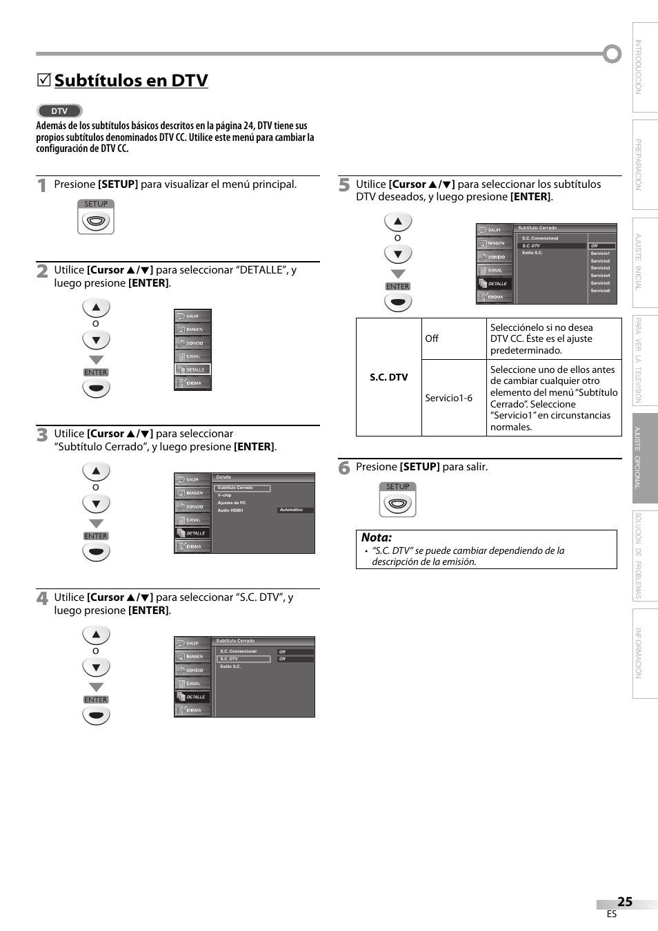 Subtítulos en dtv, Nota | Sylvania LC225SC9 User Manual | Page 63 / 76