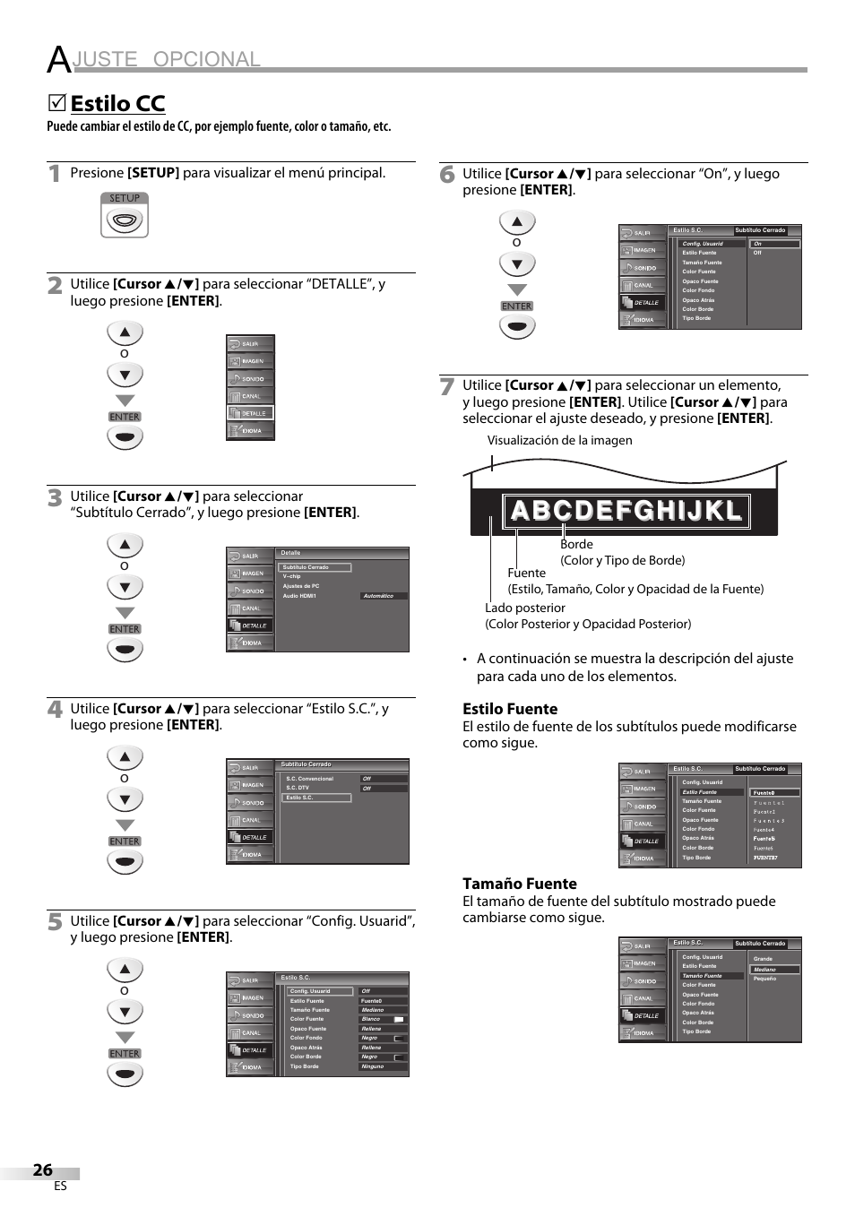 Juste opcional, Estilo cc, Estilo fuente | Tamaño fuente, Presione [setup] para visualizar el menú principal | Sylvania LC225SC9 User Manual | Page 64 / 76