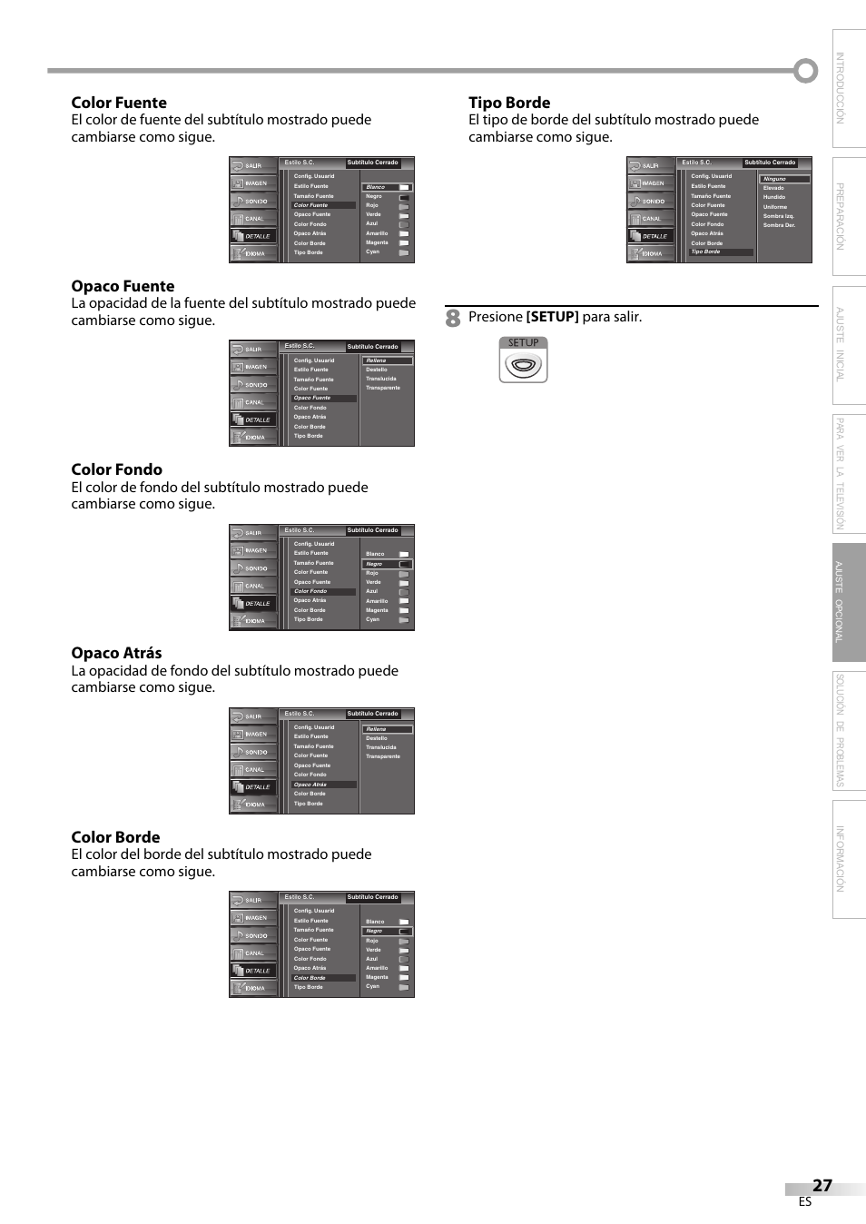 Color fuente, Opaco fuente, Color fondo | Opaco atrás, Color borde, Tipo borde, Solución de problemas información, Presione [setup] para salir, Ajuste opcional | Sylvania LC225SC9 User Manual | Page 65 / 76