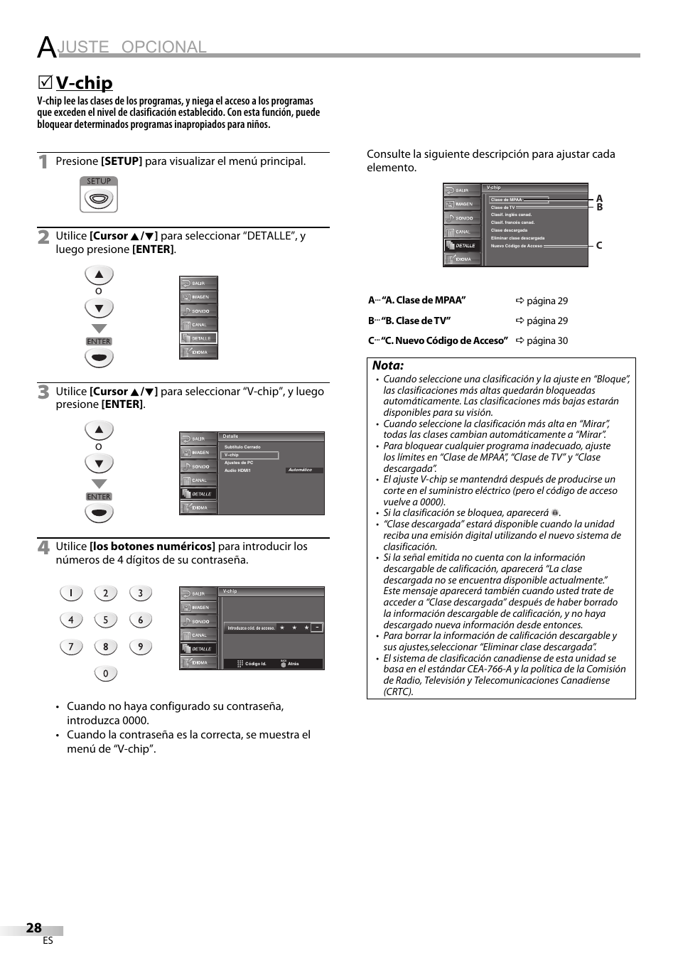 Juste opcional, V-chip, Nota | Sylvania LC225SC9 User Manual | Page 66 / 76