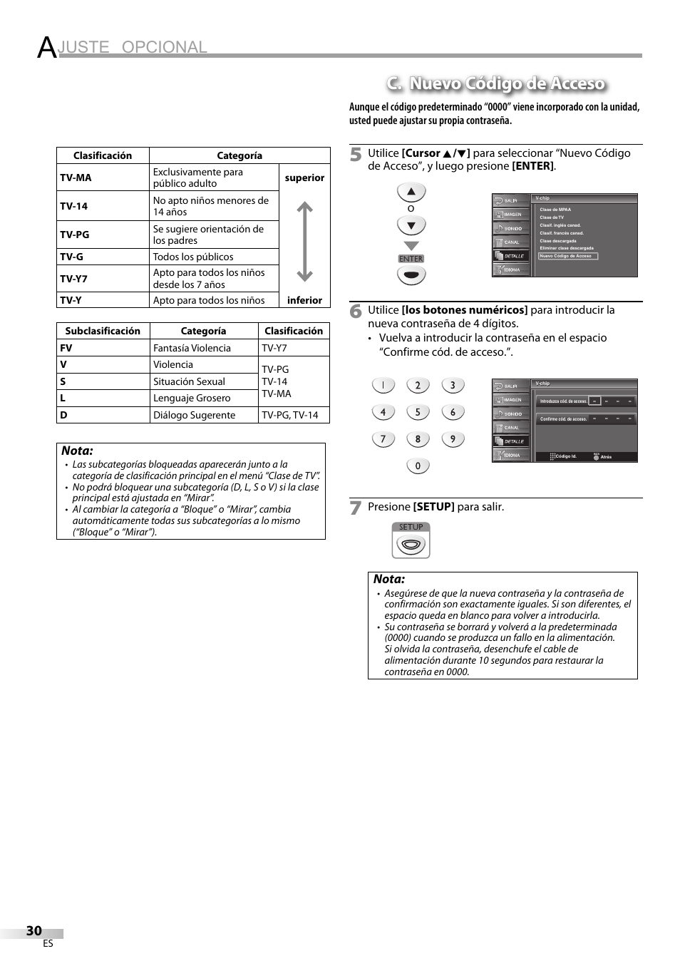 Juste opcional, C. nuevo código de acceso | Sylvania LC225SC9 User Manual | Page 68 / 76