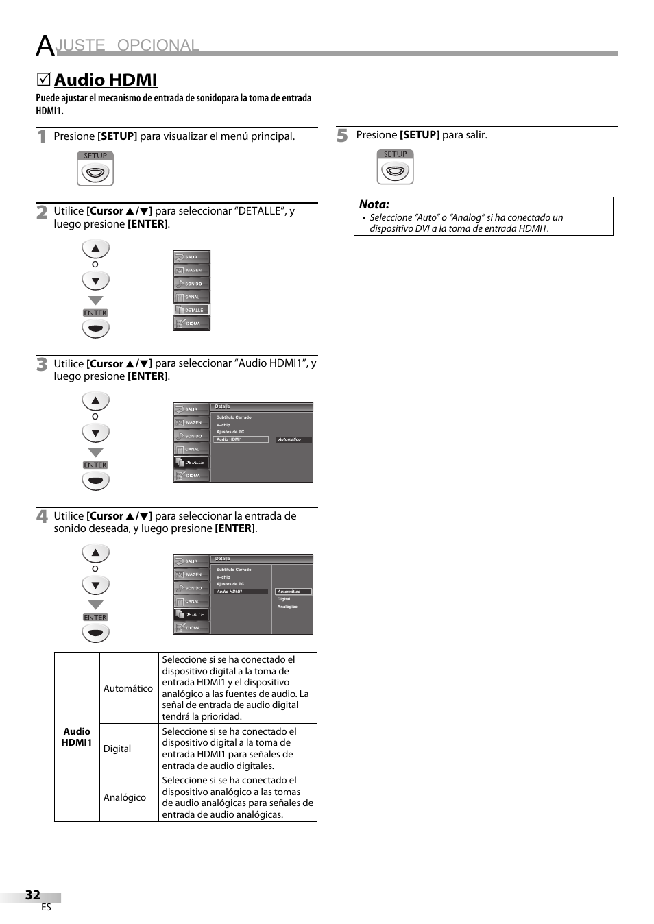 Juste opcional, Audio hdmi | Sylvania LC225SC9 User Manual | Page 70 / 76