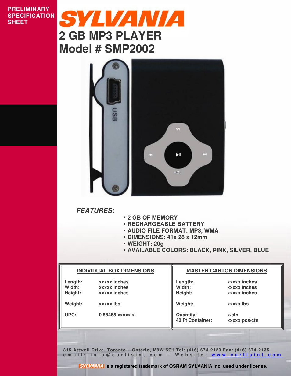 Sylvania SMP2002 User Manual | 1 page