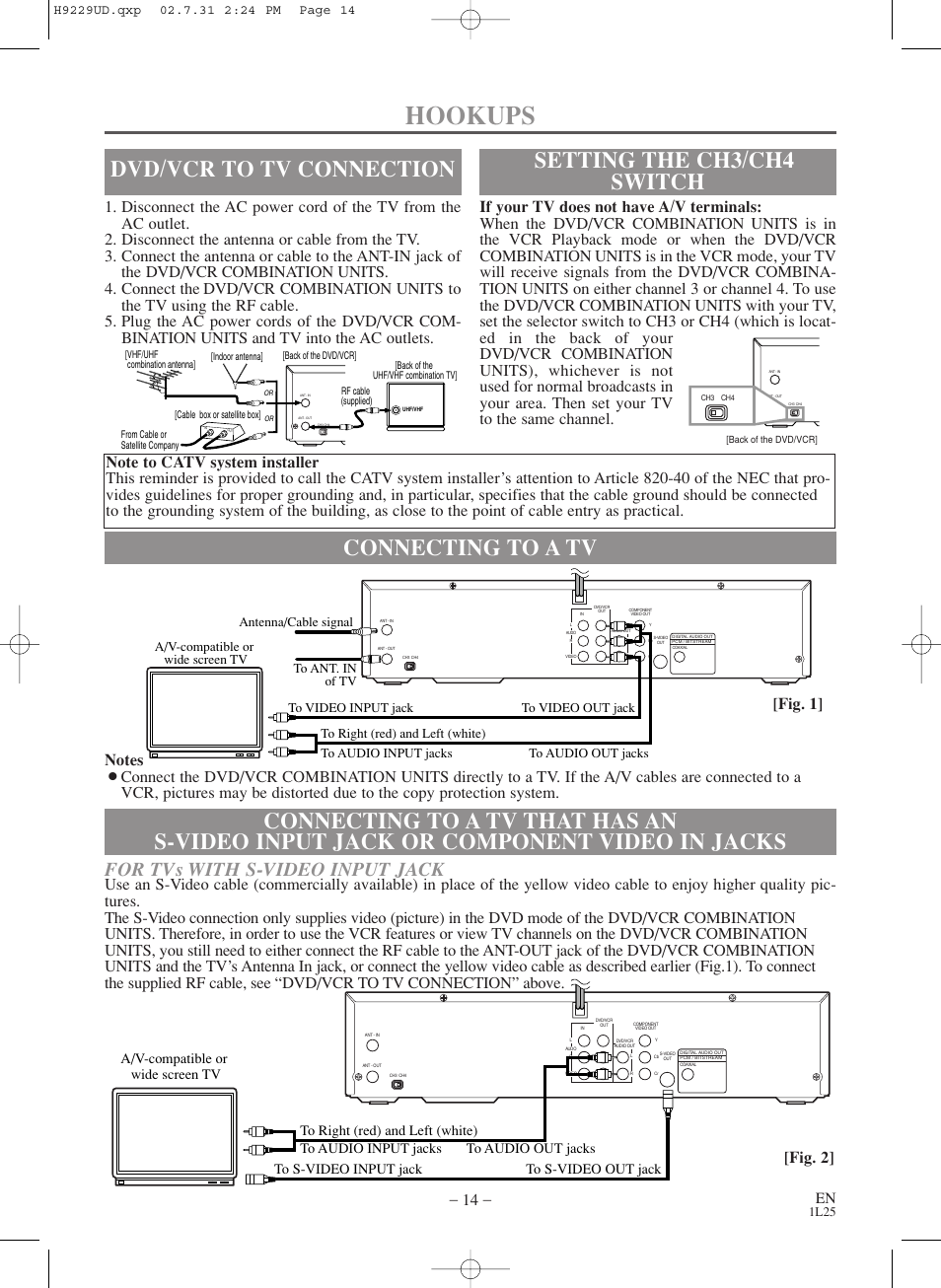 Hookups, Dvd/vcr to tv connection, Setting the ch3/ch4 switch | For tvs with s-video input jack, Fig. 2, 1l25 | Sylvania SSD800 User Manual | Page 14 / 48