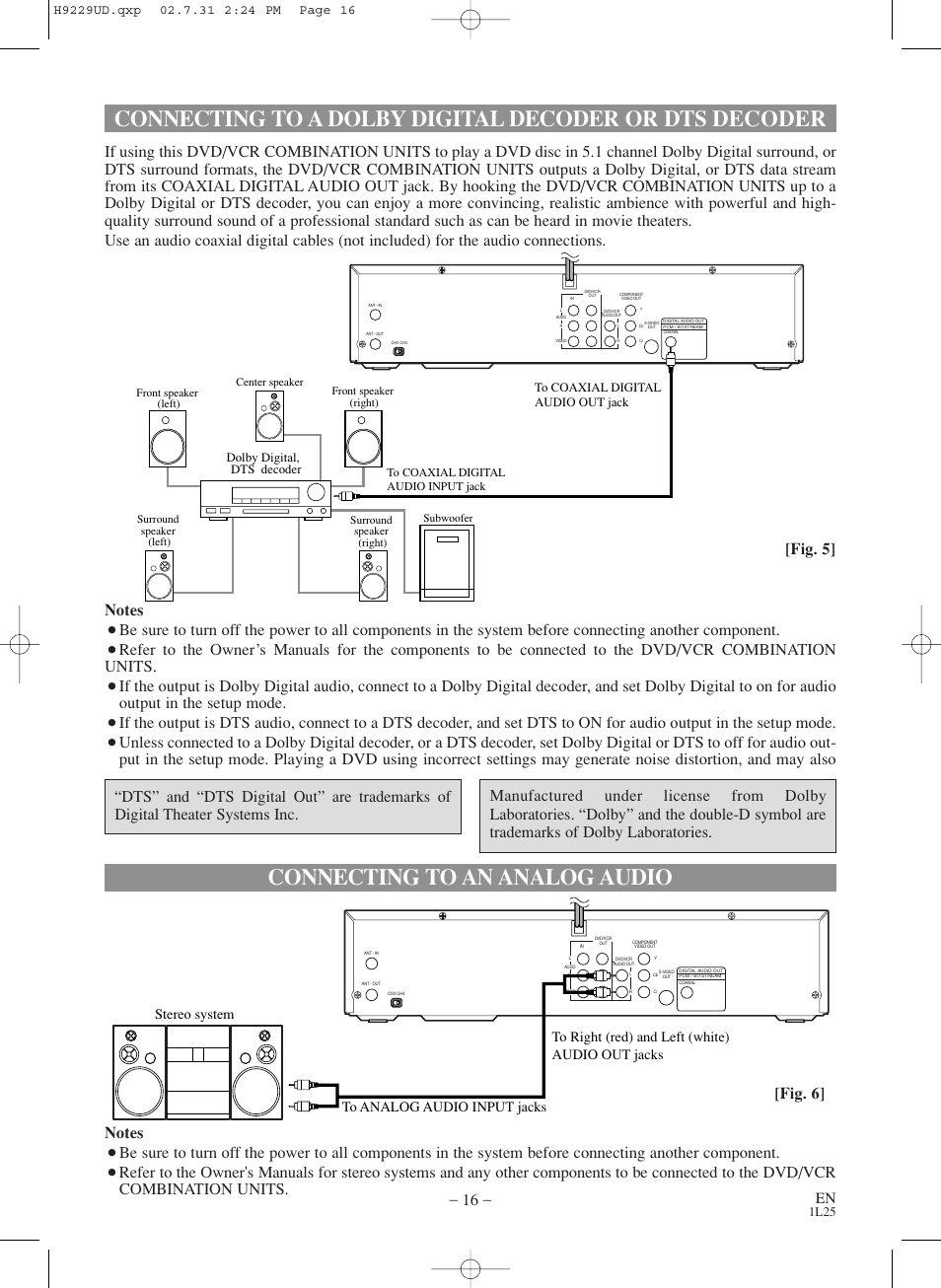 Connecting to an analog audio, Fig. 6, 1l25 | Sylvania SSD800 User Manual | Page 16 / 48