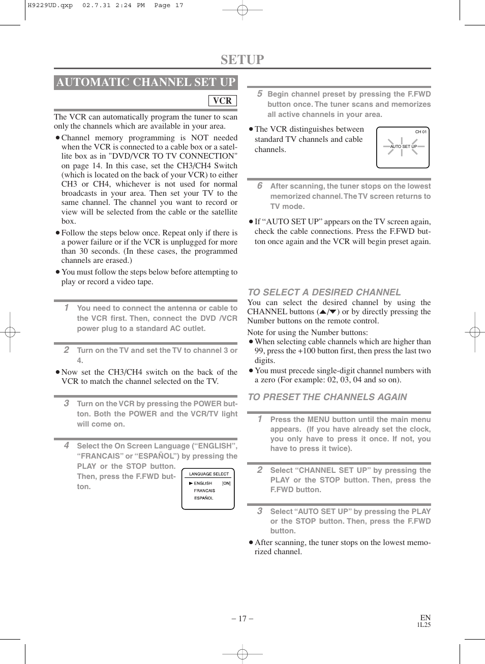 Setup, Automatic channel set up | Sylvania SSD800 User Manual | Page 17 / 48