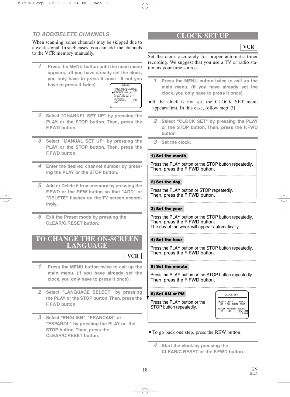 Clock set up, Vcr to add/delete channels | Sylvania SSD800 User Manual | Page 18 / 48