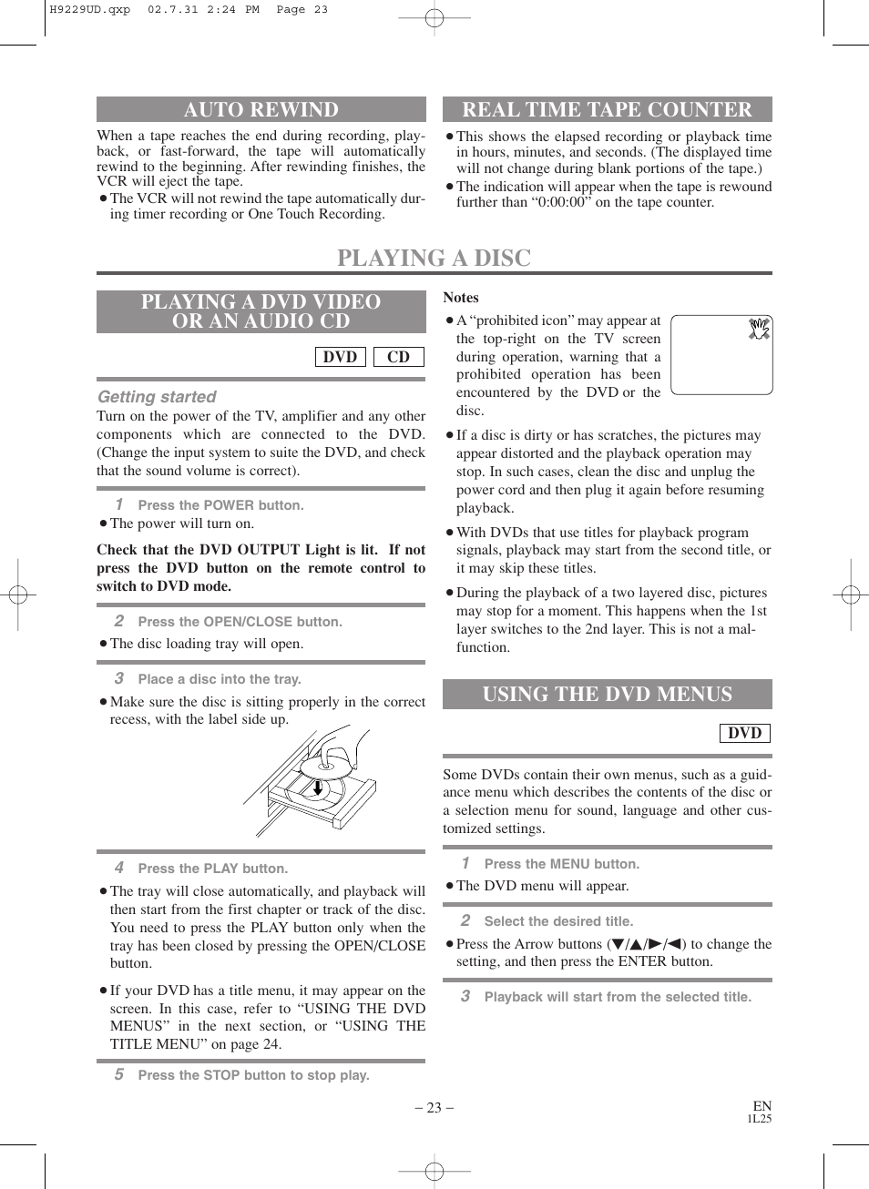 Playing a disc, Playing a dvd video or an audio cd, Using the dvd menus | Auto rewind, Real time tape counter | Sylvania SSD800 User Manual | Page 23 / 48