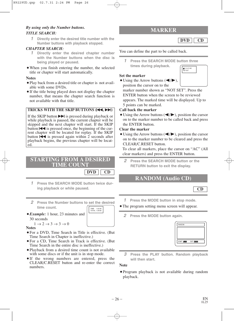 Starting from a desired time count, Marker random (audio cd) | Sylvania SSD800 User Manual | Page 26 / 48