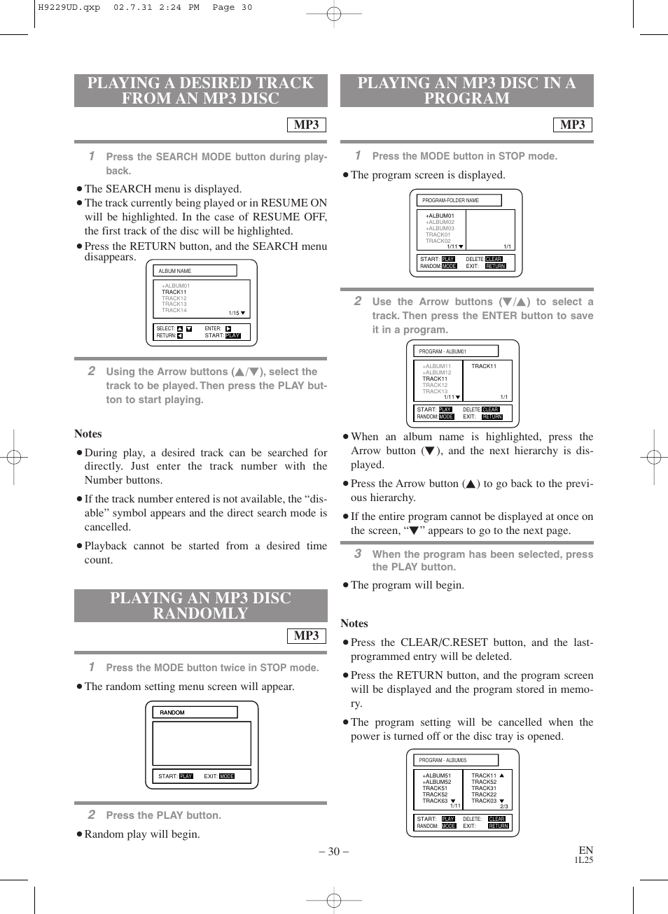 Playing an mp3 disc randomly, The program screen is displayed, The random setting menu screen will appear | Random play will begin, The search menu is displayed, And the next hierarchy is dis- played, Press the arrow button, Appears to go to the next page | Sylvania SSD800 User Manual | Page 30 / 48