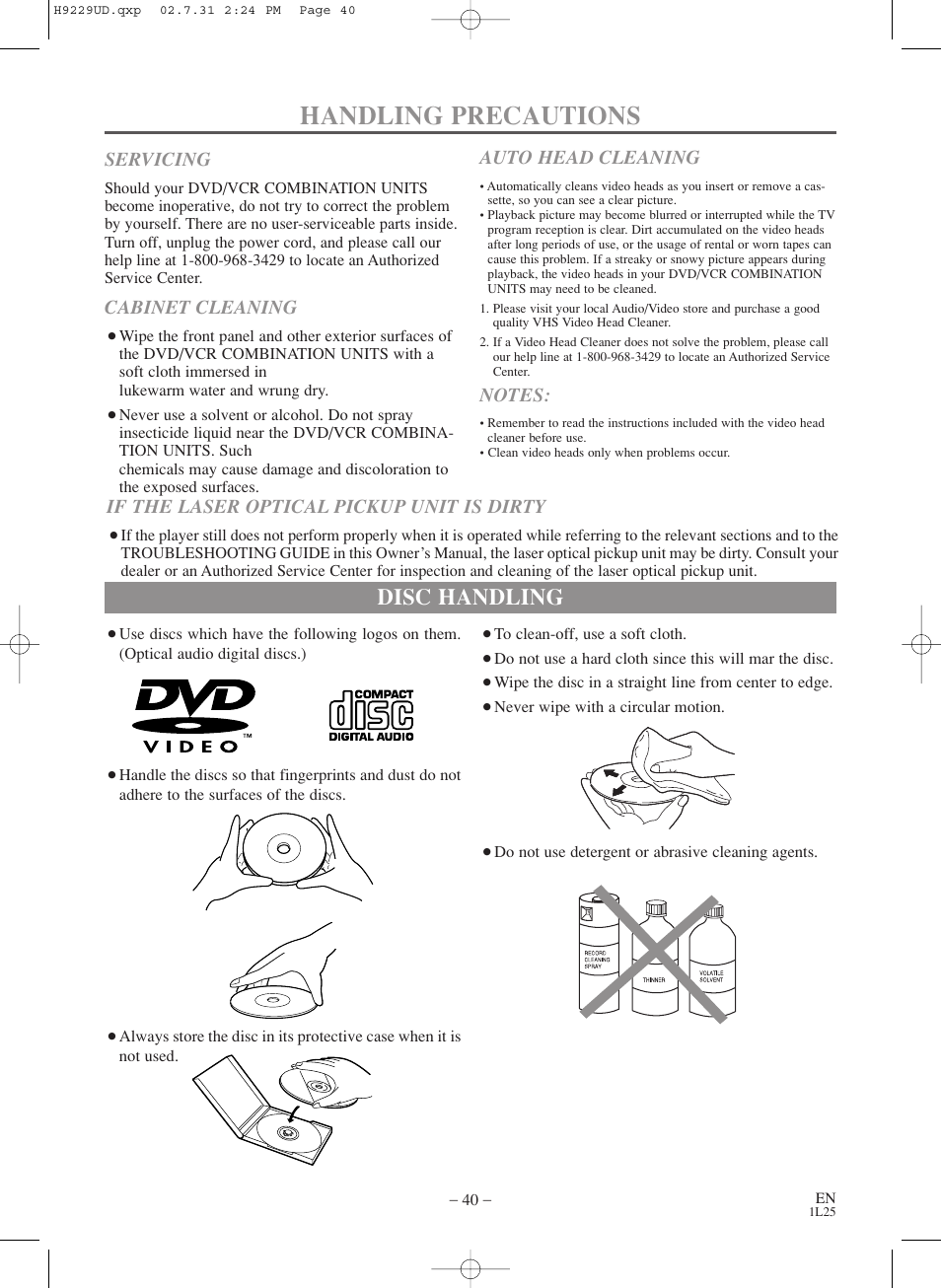 Handling precautions, Disc handling, Servicing | Cabinet cleaning, Auto head cleaning, If the laser optical pickup unit is dirty | Sylvania SSD800 User Manual | Page 40 / 48