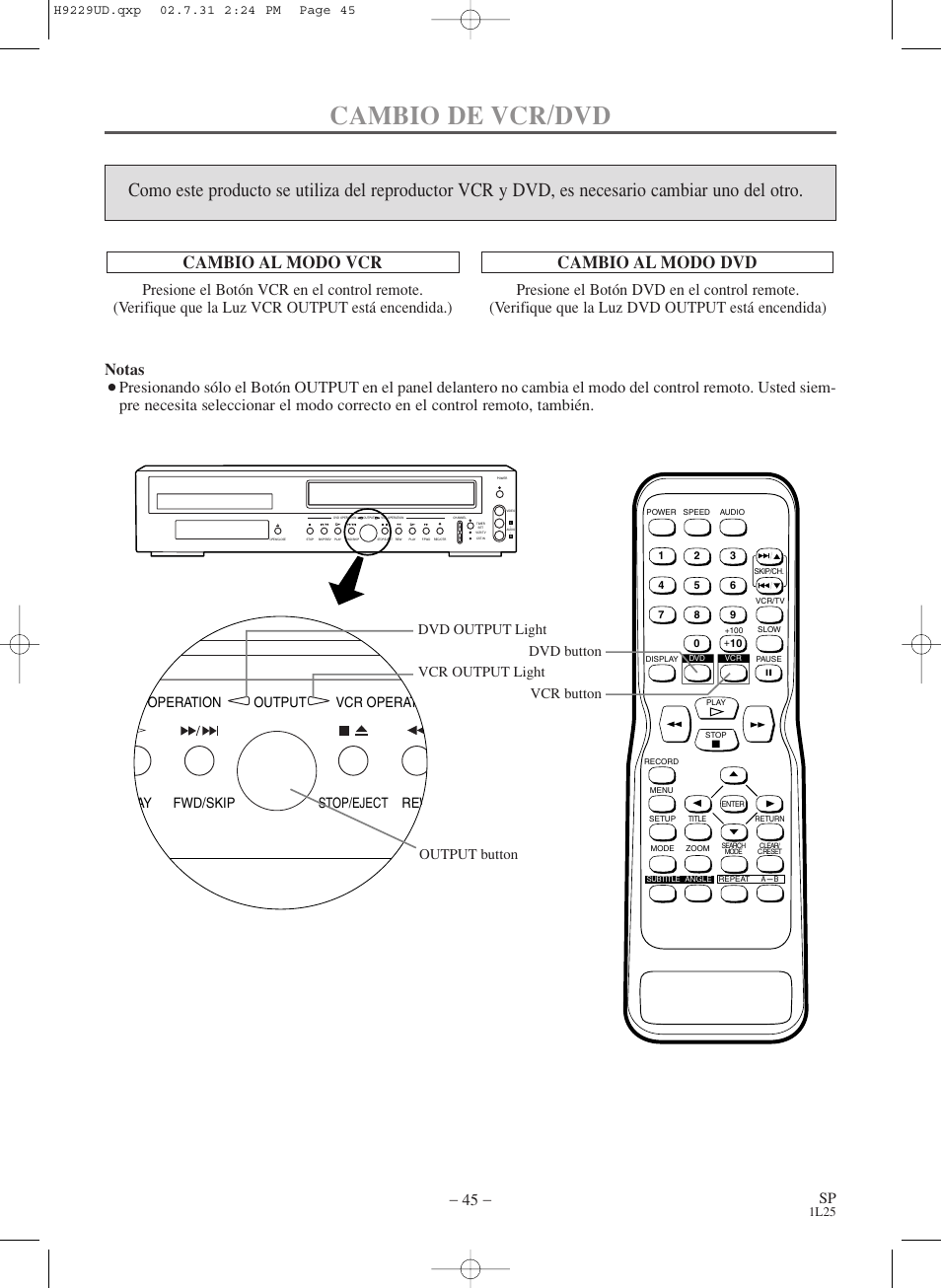 Cambio de vcr/dvd, Cambio al modo vcr, Cambio al modo dvd | Notas, 1l25 | Sylvania SSD800 User Manual | Page 45 / 48