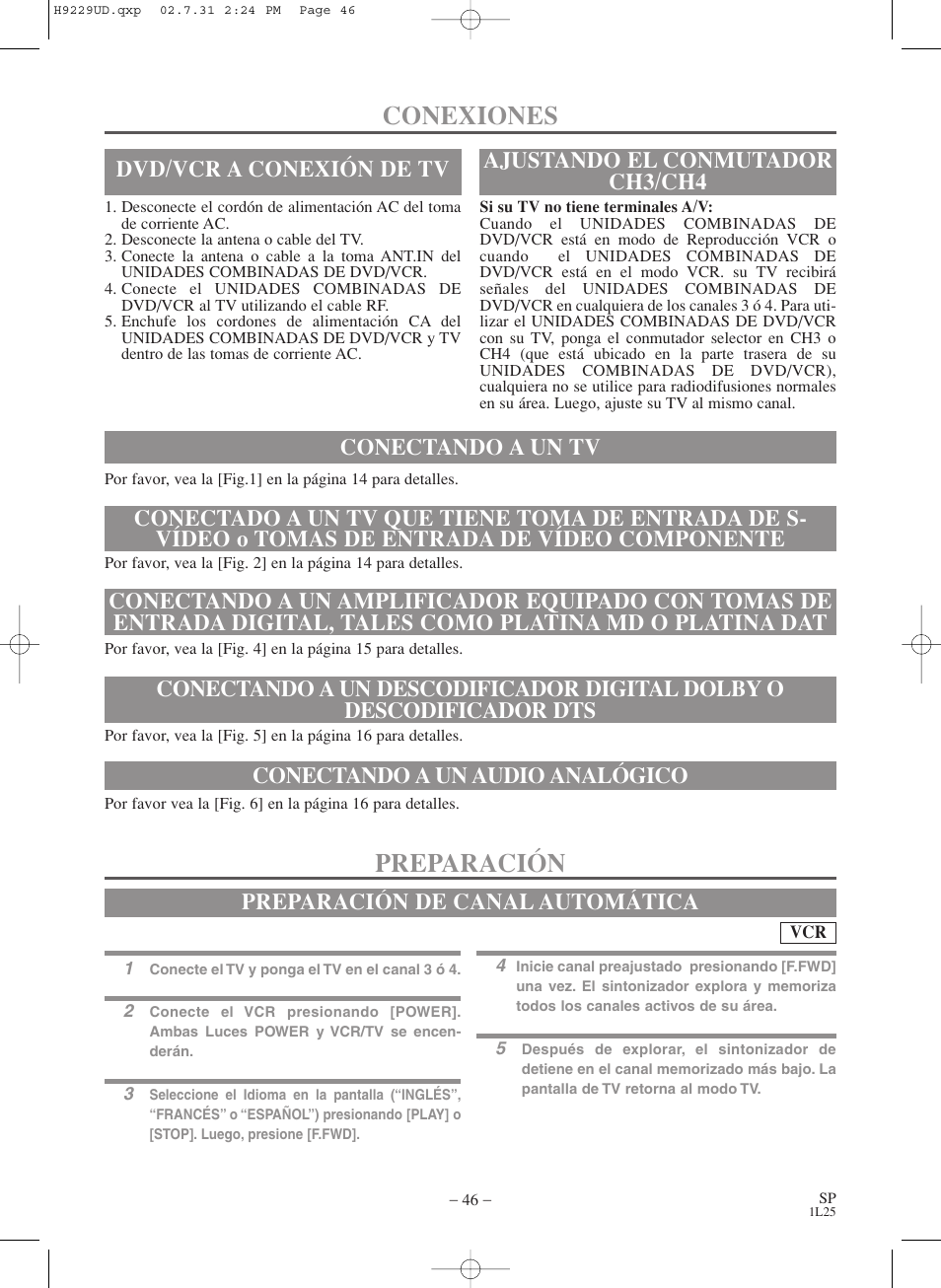 Conexiones, Preparación, Ajustando el conmutador ch3/ch4 | Conectando a un audio analógico, Preparación de canal automática | Sylvania SSD800 User Manual | Page 46 / 48